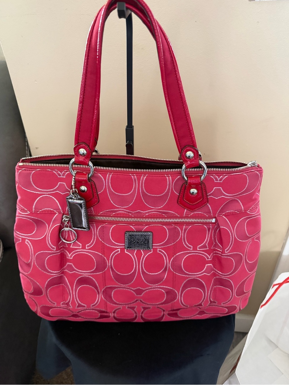 Coach Pink Signature Tote with Leather Trim